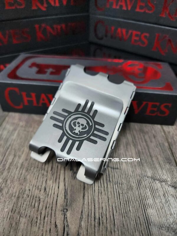 Chaves Ultramar - Skull & Zia Sun - Relief Fiber Laser Engraved - TI Fold Wallet - EDC Gear - Titanium Wallet with Money Clip