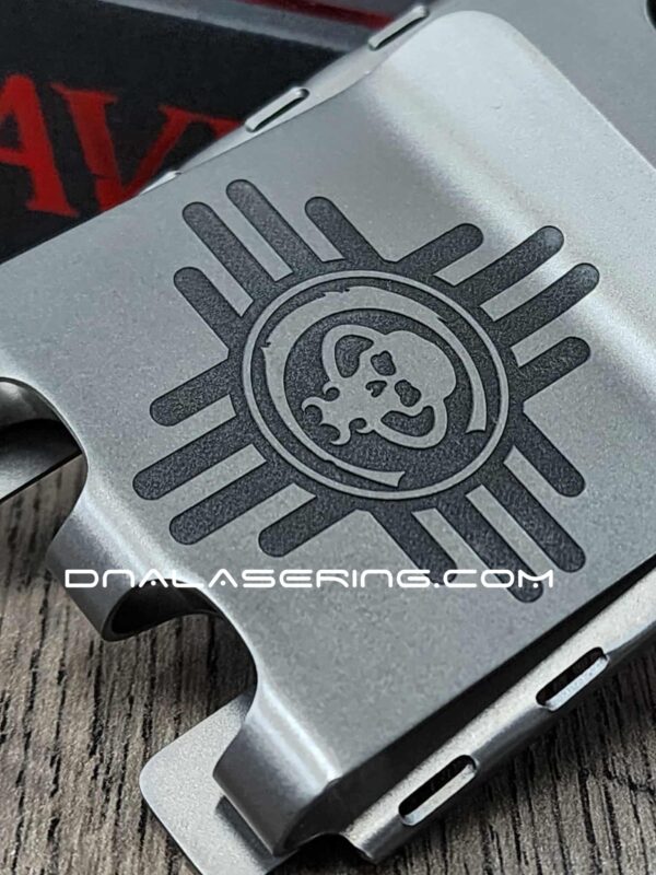 Chaves Ultramar - Skull & Zia Sun - Relief Fiber Laser Engraved - TI Fold Wallet - EDC Gear - Titanium Wallet with Money Clip