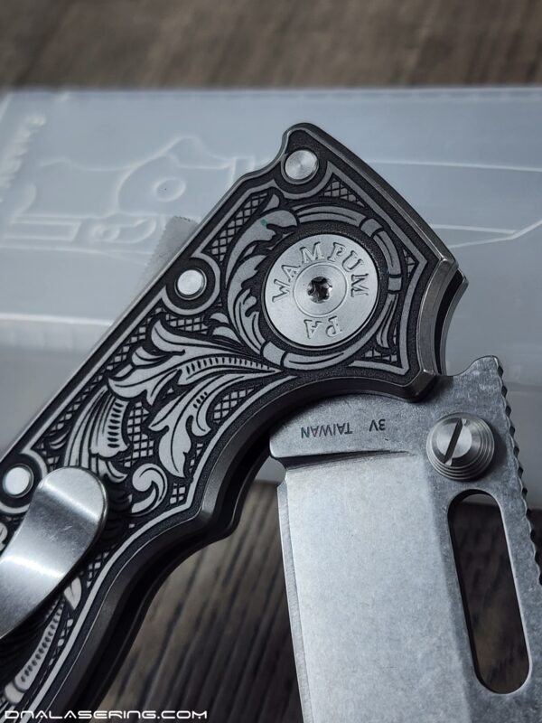Demko AD 20.5 Shark Lock - Custom Scroll - Laser Engraved Titanium Scales - EDC Gear - Complete Knife
