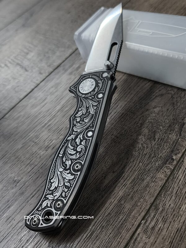 Demko AD 20.5 Shark Lock - Custom Scroll - Laser Engraved Titanium Scales - EDC Gear - Complete Knife