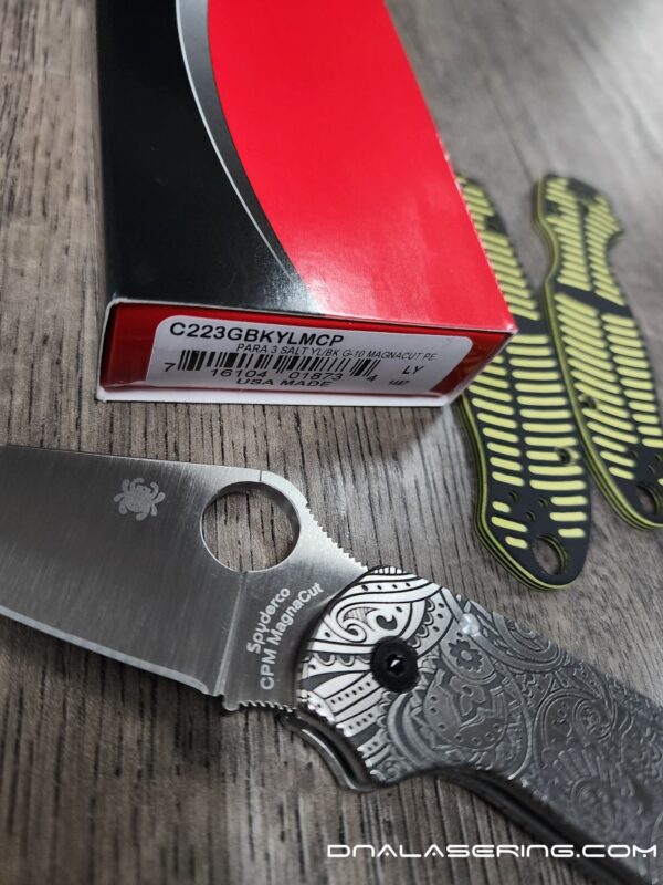 PM3 MAGNACUT Spyderco Para 3 Salt - Mandala Paisley Engraved AWT Skinny Titanium Scales - LynchNW Blacksmith Pocket Clip - Complete Knife
