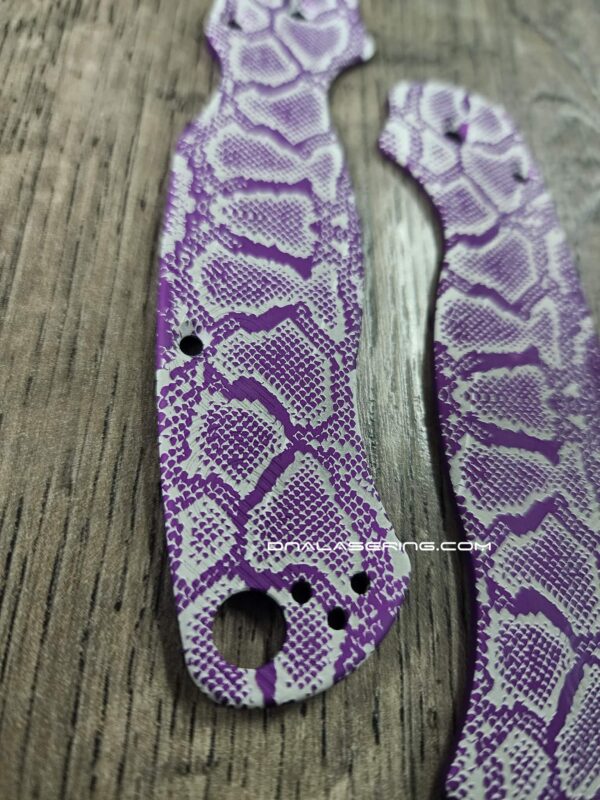 Spyderco PM2 Loop Scales - Laser Engraved Snakeskin Pattern - Aluminum Nebula Purple Scales - Flytanium Gear - Knife & Hardware Optional