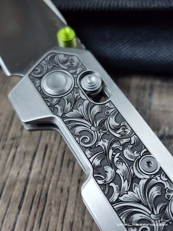 Vosteed Parallel Crossbar Lock Knife - Custom Relief Scroll Laser Engraved - Titanium Scales - Complete Knife