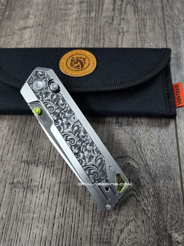 Vosteed Parallel Crossbar Lock Knife - Custom Relief Scroll Laser Engraved - Titanium Scales - Complete Knife