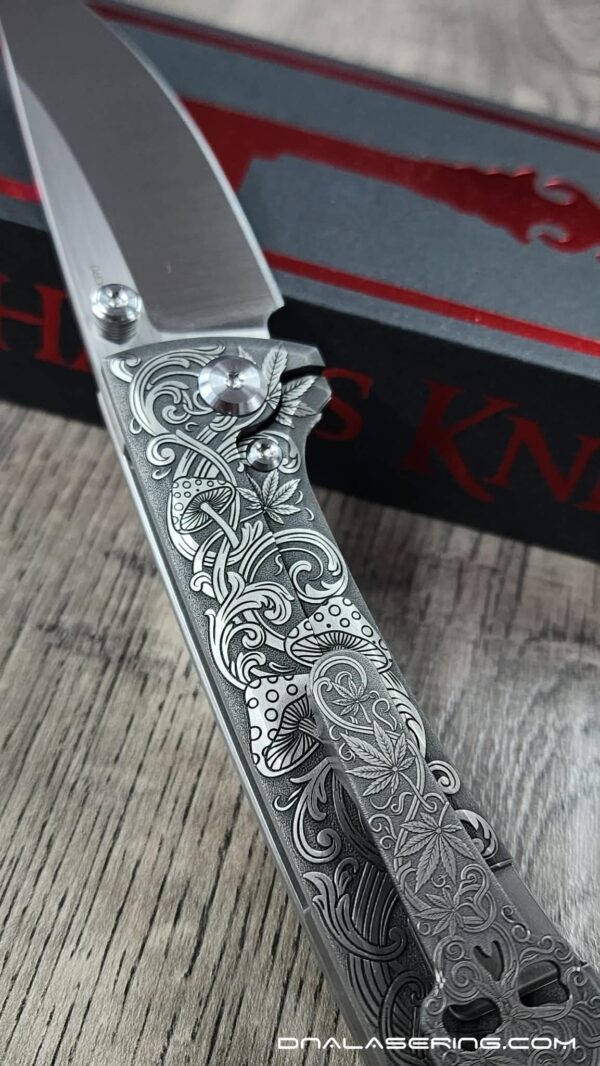 Chaves RCK9 Custom Engraved Titanium Knife – Relief Engraved Cannabis & Mushroom Scroll Design – New In Box