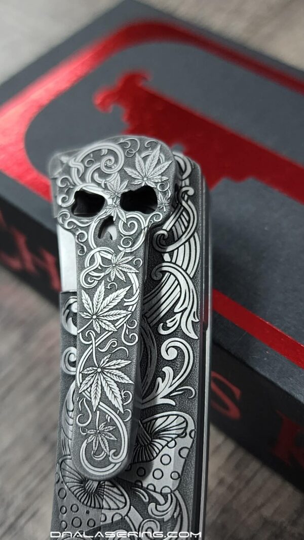 Chaves RCK9 Custom Engraved Titanium Knife – Relief Engraved Cannabis & Mushroom Scroll Design – New In Box