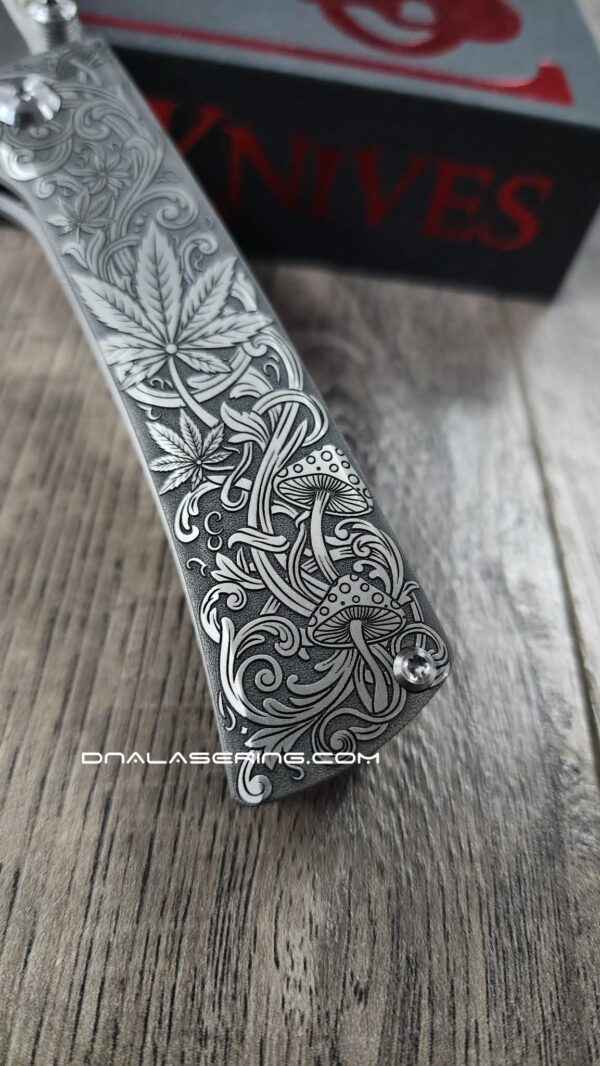Chaves RCK9 Custom Engraved Titanium Knife – Relief Engraved Cannabis & Mushroom Scroll Design – New In Box