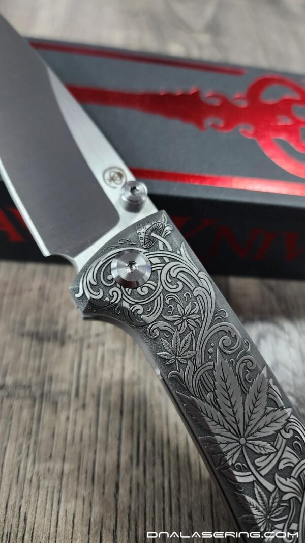 Chaves RCK9 Custom Engraved Titanium Knife – Relief Engraved Cannabis & Mushroom Scroll Design – New In Box