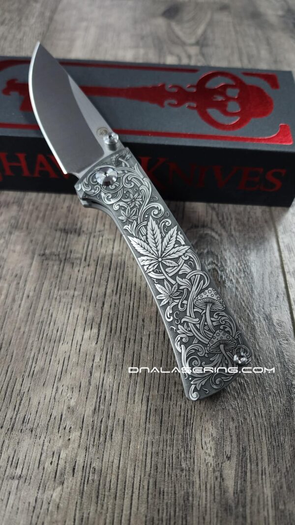 Chaves RCK9 Custom Engraved Titanium Knife – Relief Engraved Cannabis & Mushroom Scroll Design – New In Box