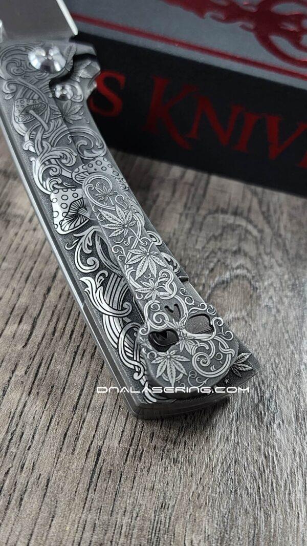 Chaves RCK9 Custom Engraved Titanium Knife – Relief Engraved Cannabis & Mushroom Scroll Design – New In Box