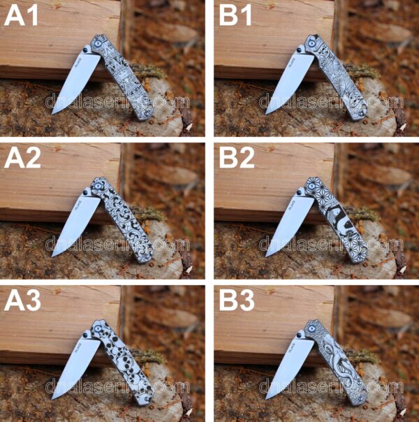 Leaf Scroll with black background - Ruike P801 - Fiber Laser Deep Engraved - EDC Gear - Complete Knife