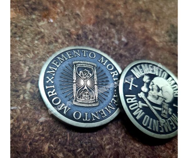 Memento Mori - Skull and Hourglass - Laser Engraved Brass Coin - Polished and Aged Finish