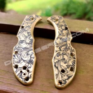 Spyderco Delica - Antique Stonewash Brass Scales - Deep Engraved Leaf Scroll Design - Flytanium Gear - Optional Knife Install