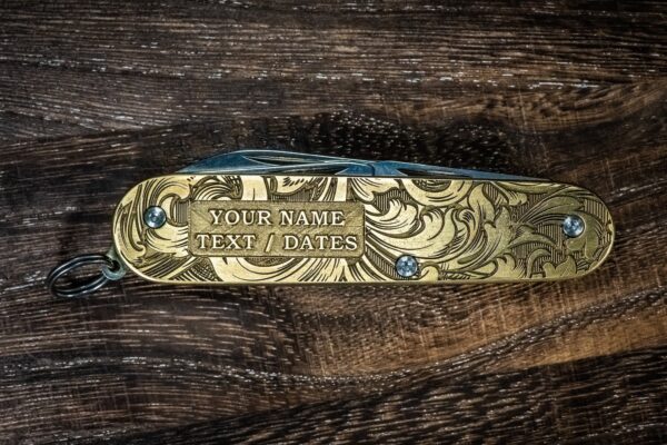 Victorinox Cadet - Customizable - NEW Relief Engraving Style - Brass Copper or Titanium Scales - Deep Laser Engraved Leaf Scroll - NIB - EDC
