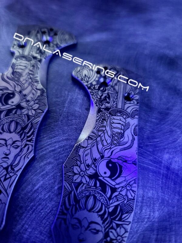 Yin-Yang - Ancient Samurai & Geisha - Spyderco Yojimbo 2 - Deep Laser Engraved - Titanium Scales - EDC Gear *Knife Install Optional*