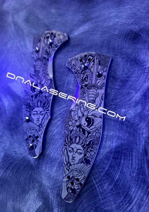 il_fullxfull.3439928838_k1yl.jpg Yin-Yang - Ancient Samurai & Geisha - Spyderco Yojimbo 2 - Deep Laser Engraved - Titanium Scales - EDC Gear *Knife Install Optional*