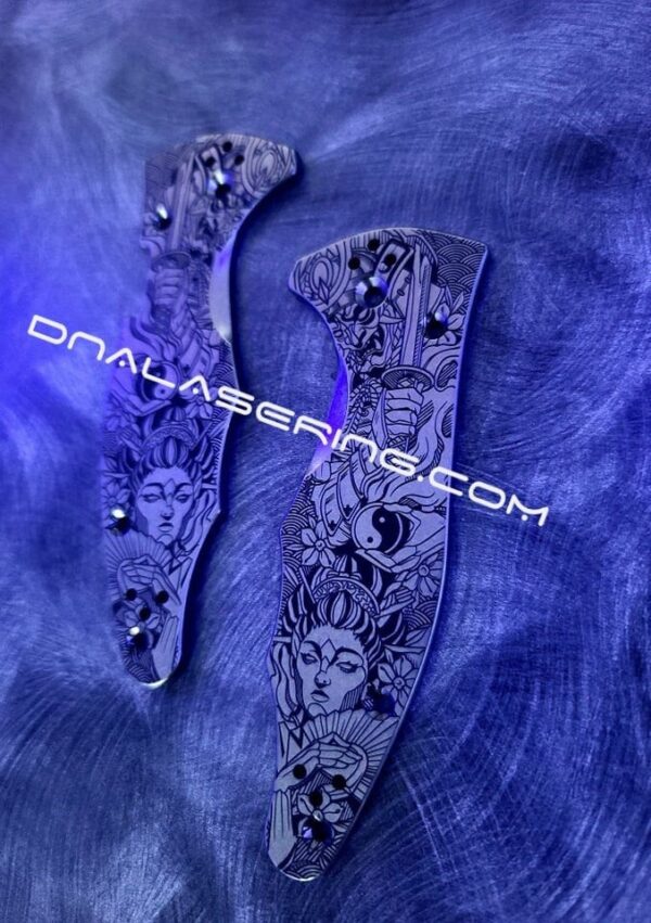 Yin-Yang - Ancient Samurai & Geisha - Spyderco Yojimbo 2 - Deep Laser Engraved - Titanium Scales - EDC Gear *Knife Install Optional*