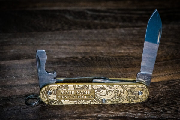 Victorinox Cadet - Customizable - NEW Relief Engraving Style - Brass Copper or Titanium Scales - Deep Laser Engraved Leaf Scroll - NIB - EDC