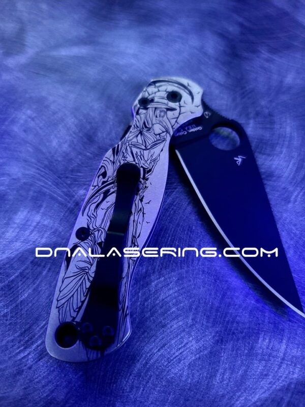 il_fullxfull.3506495231_ce4v-1.jpg Plague Doctor - Spyderco PM2 - Engraved PM2 Titanium Knife Scales - Paramilitary 2 EDC - Knife & Hardware Optional Flytanium Gear