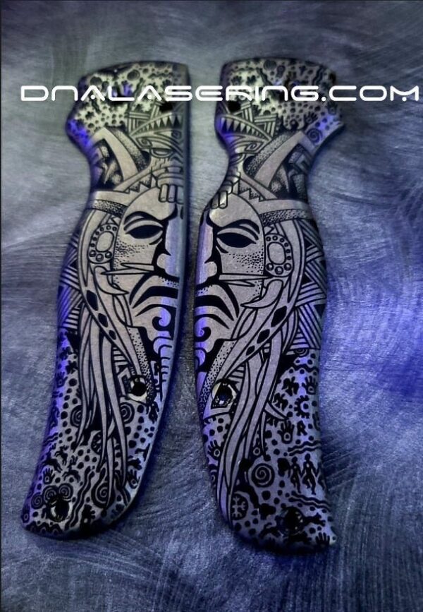 Spyderco Shaman - Ancient Shaman Mask & Symbols - Deep Laser Engraved Titanium Scales - EDC Gear *Scales Only*