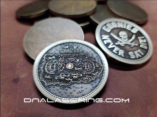 Goonies Doubloon - Deep Laser Engraved Brass Coin - Polished and Aged Finish