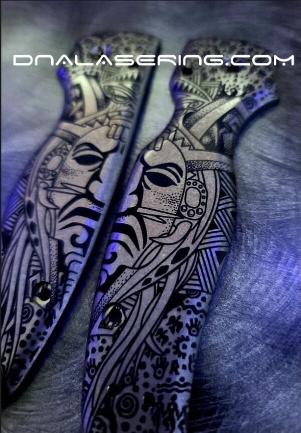 Spyderco Shaman - Ancient Shaman Mask & Symbols - Deep Laser Engraved Titanium Scales - EDC Gear *Scales Only*