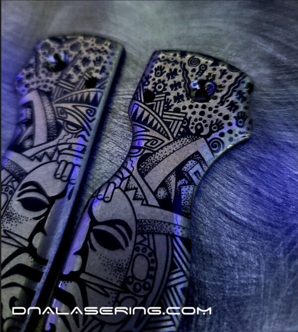 Spyderco Shaman - Ancient Shaman Mask & Symbols - Deep Laser Engraved Titanium Scales - EDC Gear *Scales Only*