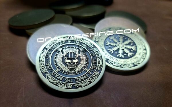 Valhalla - Viking Skull - Norse - Deep Laser Engraved Brass Coin - Polished and Aged Finish