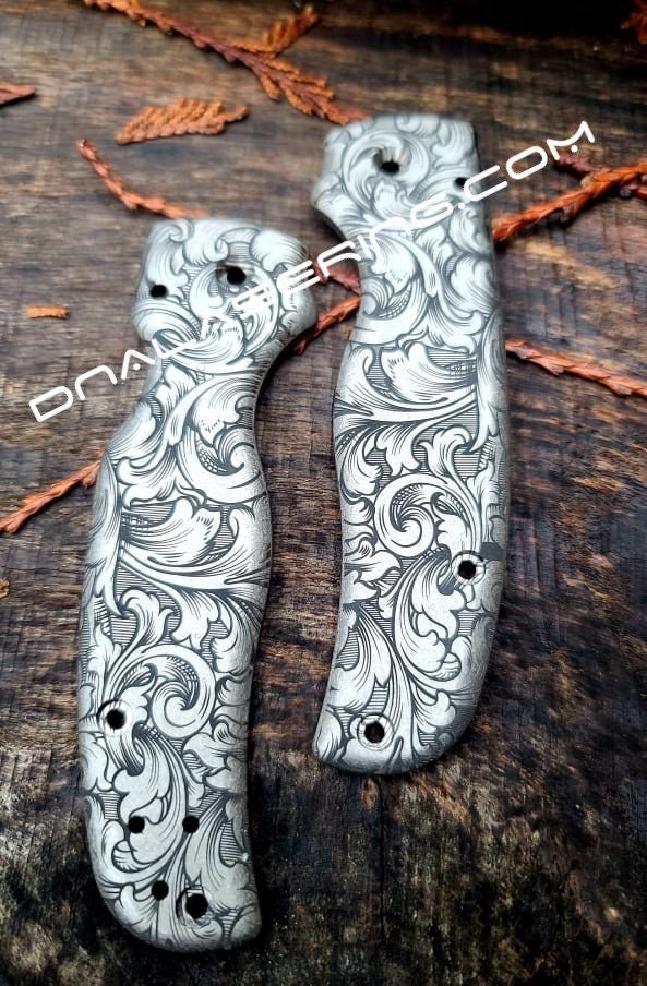 Spyderco Shaman - Detailed Leaf Scroll with Shading - Deep Laser Engraved Titanium Scales - EDC Gear *Scales Only*