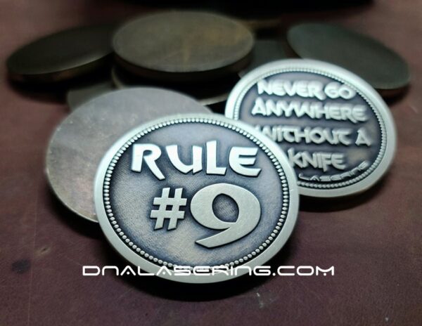 Rule #9 - Deep Laser Engraved Brass Coin - Polished and Aged Finish