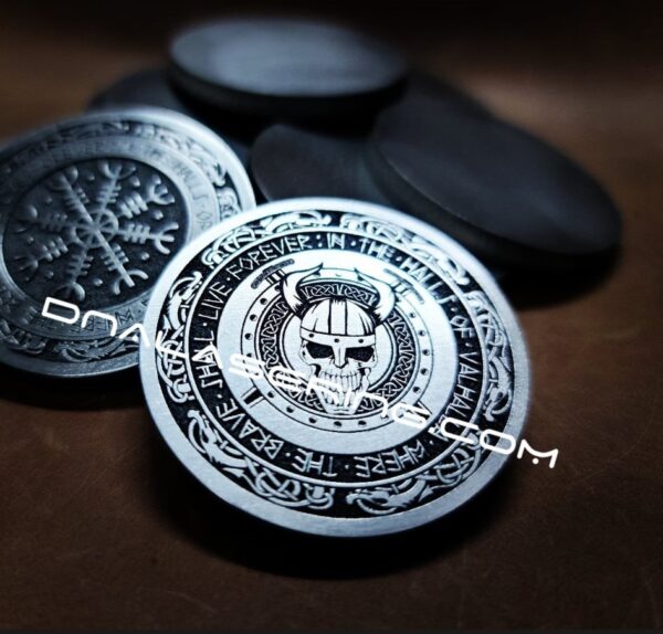 Valhalla - Viking Skull - Norse - Deep Laser Engraved Titanium Coin - Polished Finish
