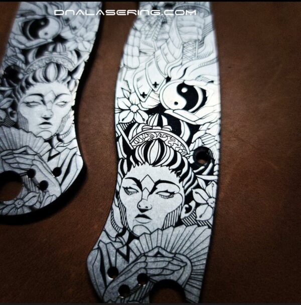 Yin-Yang - Ancient Samurai & Geisha - Spyderco PM2 - Engraved PM2 Titanium Knife Scales - Flytanium Gear - Knife / Hardware Optional