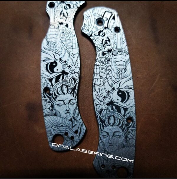 il_fullxfull.3656314769_3fdy.jpg Yin-Yang - Ancient Samurai & Geisha - Spyderco PM2 - Engraved PM2 Titanium Knife Scales - Flytanium Gear - Knife / Hardware Optional