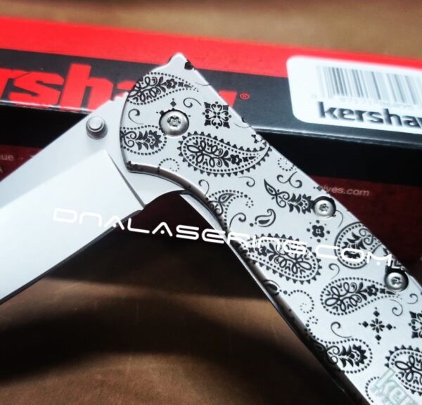 Paisley Bandana Pattern - Kershaw Leek Framelock - Deep Fiber Laser Engraving - EDC Gear - Complete Knife