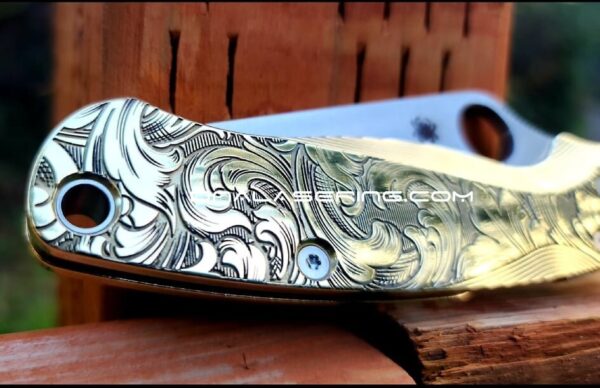 il_fullxfull.3680570826_797c.jpg Leaf Scroll - Spyderco PM2 Lotus - NEW Relief Engraving Style - Deep Laser Engraved - Brass Knife Scales -Flytanium *Knife Install Optional*