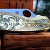 il_fullxfull.3680570884_i9zo.jpg Leaf Scroll - Spyderco PM2 Lotus - NEW Relief Engraving Style - Deep Laser Engraved - Brass Knife Scales -Flytanium *Knife Install Optional*