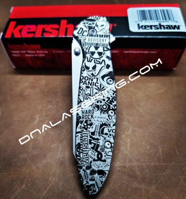 Stickerbomb - Kershaw Leek Framelock - Deep Fiber Laser Engraving - EDC Gear - Complete Knife