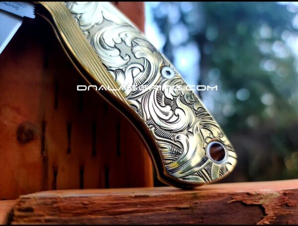 Leaf Scroll - Spyderco PM2 Lotus - NEW Relief Engraving Style - Deep Laser Engraved - Brass Knife Scales -Flytanium *Knife Install Optional*