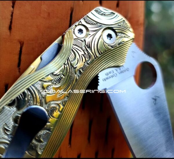 il_fullxfull.3728171207_c123.jpg Leaf Scroll - Spyderco PM2 Lotus - NEW Relief Engraving Style - Deep Laser Engraved - Brass Knife Scales -Flytanium *Knife Install Optional*