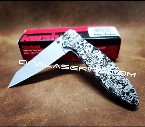Stickerbomb - Kershaw Leek Framelock - Deep Fiber Laser Engraving - EDC Gear - Complete Knife