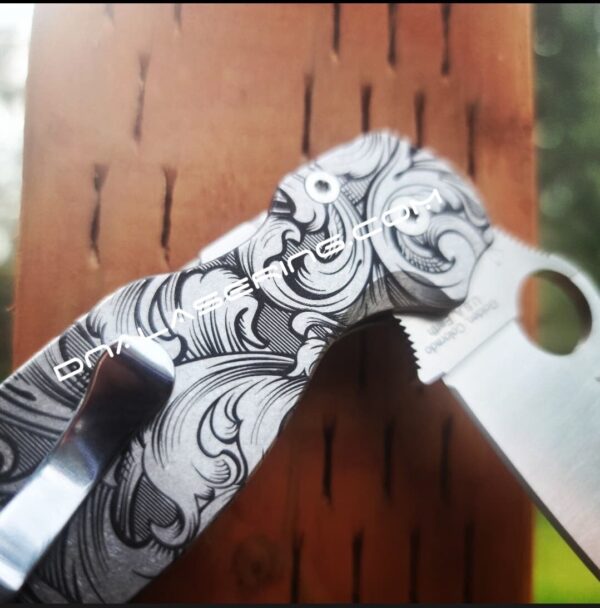 Leaf Scroll with Shading - Spyderco PM2 TI - Fiber Laser - PM2 Titanium Knife Scales - Flytanium Gear - Knife & Hardware Optional