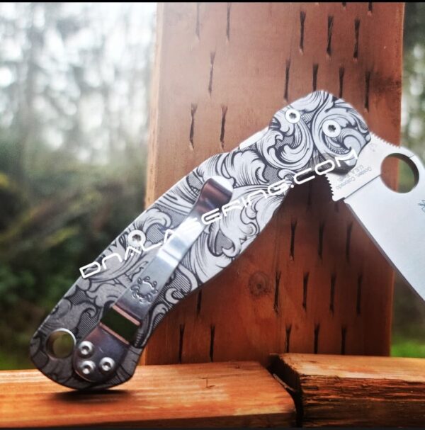 Leaf Scroll with Shading - Spyderco PM2 TI - Fiber Laser - PM2 Titanium Knife Scales - Flytanium Gear - Knife & Hardware Optional