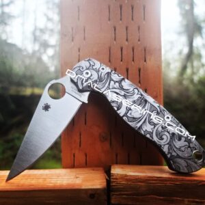 Leaf Scroll with Shading - Spyderco PM2 TI - Fiber Laser - PM2 Titanium Knife Scales - Flytanium Gear - Knife & Hardware Optional