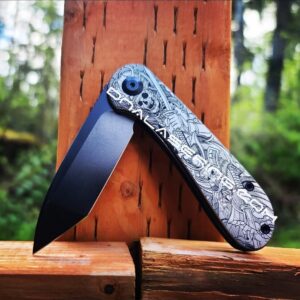 il_fullxfull.3867399286_s33d.jpg Civivi Elementum - Japanese Warrior - Samurai Skulls - Deep Laser Engraved Titanium Knife Scales -Flytanium Gear - Knife Install Optional