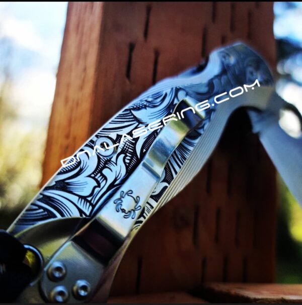 il_fullxfull.3879352582_eejl.jpg Leaf Scroll - Spyderco PM2 Lotus TI - NEW Relief Engraving - Deep Laser Engraved - Titanium Scales - Flytanium Gear *Knife Install Optional*