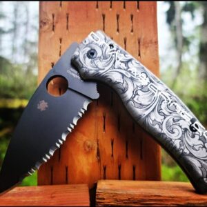 Spyderco Shaman - Detailed Leaf Scroll with Shading - Deep Laser Engraved Titanium Scales - EDC Gear *Scales Only*