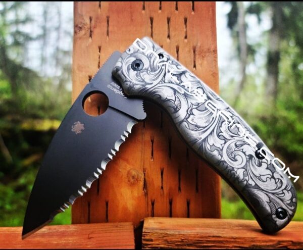 Spyderco Shaman - Detailed Leaf Scroll with Shading - Deep Laser Engraved Titanium Scales - EDC Gear *Scales Only*
