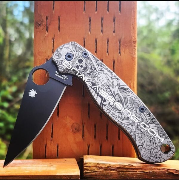 Japanese Warrior - Samurai - Spyderco PM2 TI - Fiber Laser Deep Engraved - PM2 Titanium Knife Scales  - EDC Gear - Knife & Hardware Optional