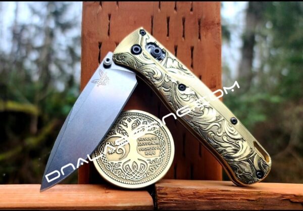 Leaf Scroll - NEW Relief Engraving Style - Benchmade Bugout Crossfade - Deep Laser Engraved - Brass Flytanium *Scales/ knife handle Only*