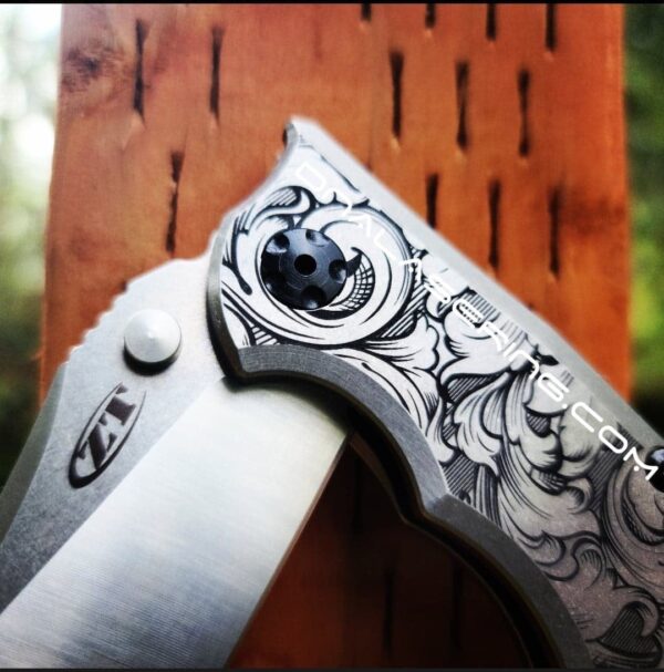Intricate Leaf Scroll with Shading - ZT Hinderer Slicer Framelock - Deep Fiber Laser Engraving - EDC Knife - NIB